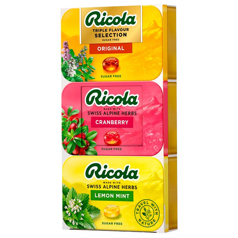 BALINHAS RICOLA TRES SABORES SEM ACUCAR ORIGINAL/CRANBERRY/LEMON MINT 3X75G