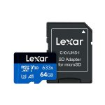 CARTAO DE MEMORIA LEXAR MICRO SD 64GB 633X 100MB/S C/SD ADAPTER
