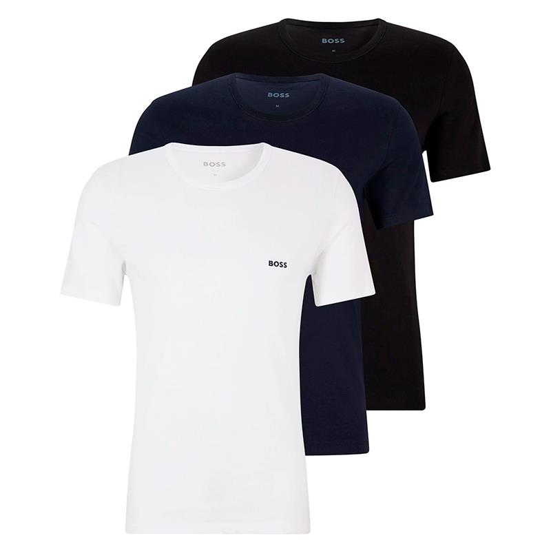 KIT CAMISETA MASCULINA HUGO BOSS ADULTO TSHIRT RN 3 UND CLASSIC MC BRANCO AZUL ESCURO E PRETO 50475284 TAM M