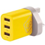 CARREGADOR GO TRAVEL C/PLUGUE UNIVERSAL USBA X3 WORLDWIDE 3 PORT BRANCO AMARELO