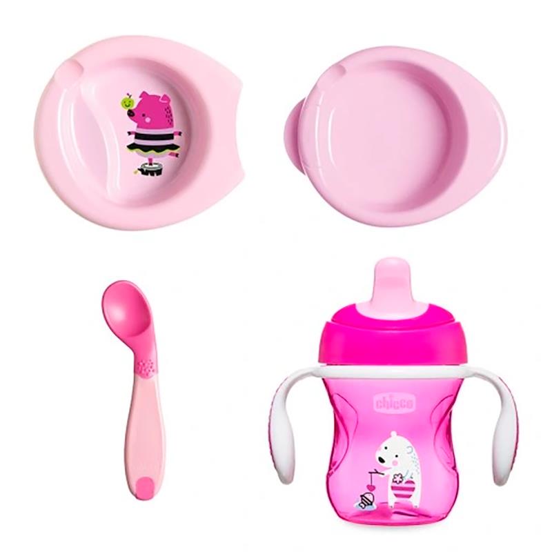 KIT PAPINHA COM COPINHO DE TREINAMENTO CHICCO 4PCS 6 MESES ROSA 16200110