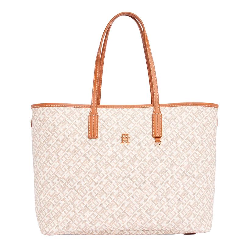 BOLSA FEMININA TOMMY HILFIGER TH MONOPLAY LEATHER TOTE AW0AW17379RBCOS BEGE/MARROM