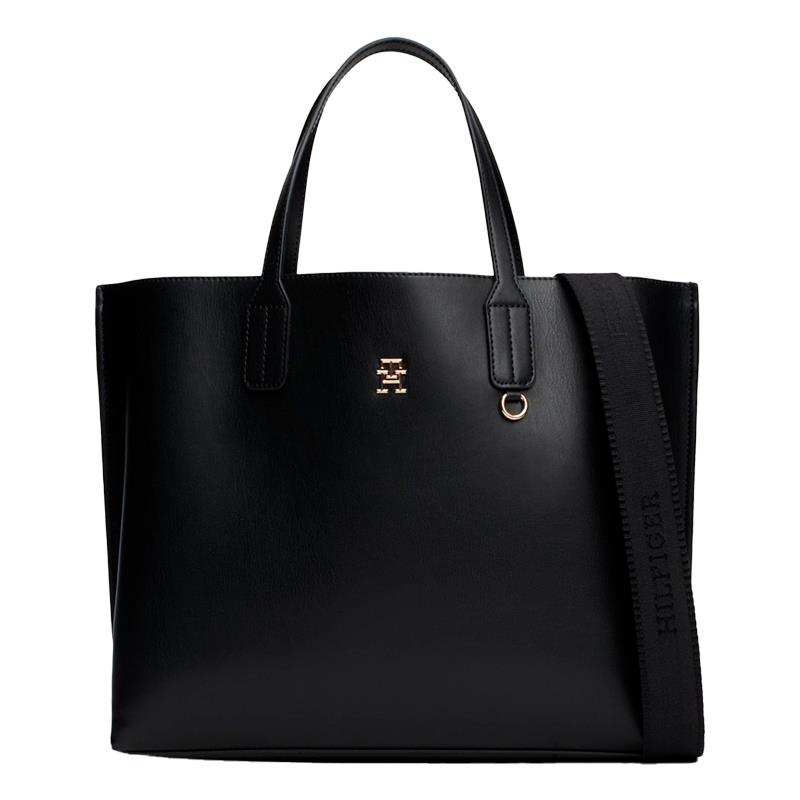 BOLSA FEMININA TOMMY HILFIGER TH DISTINCT SATCHEL AW0AW16455BDSOS PRETO PEBBLE