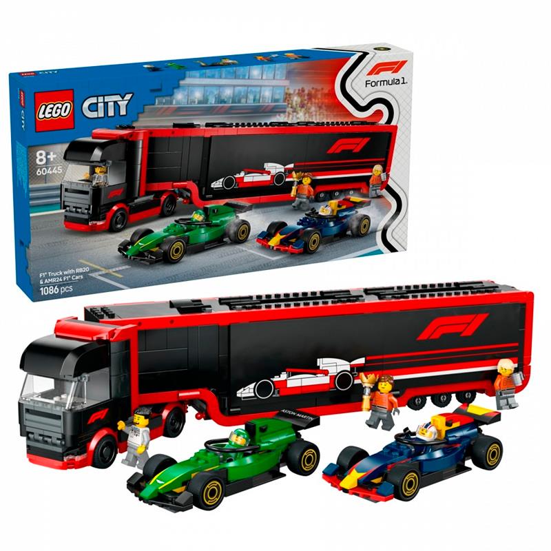 BRINQUEDO LEGO F1 TRUCK WITH RB20 E AMR24 F1 CARS 1086PCS 60445