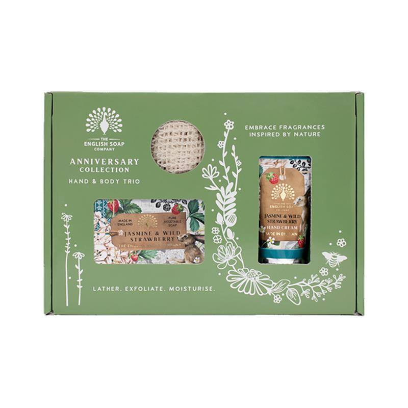 KIT CREME DE MAOS THE ENGLISH SOAP COMPANY SABONETE EM BARRA SACO DE SISAL JASMINE WILD STRAWBERRY 190G