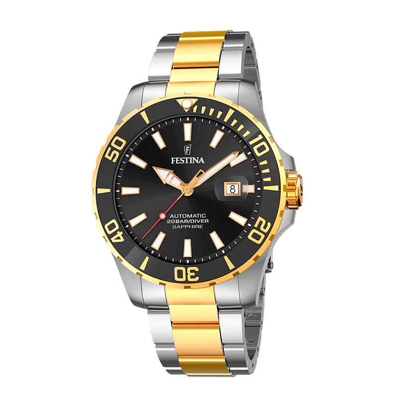 RELOGIO AUTOMATICO MASCULINO FESTINA PRATA OURO SAFIRA 44MM F20532/2 PRETO