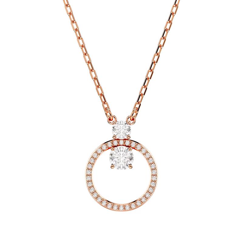 COLAR COM PINGENTE SWAROVSKI SOLITARIO CONSTELLA PENDANT ROUND CUT 5701585 WHITE ROSE GOLDTONE
