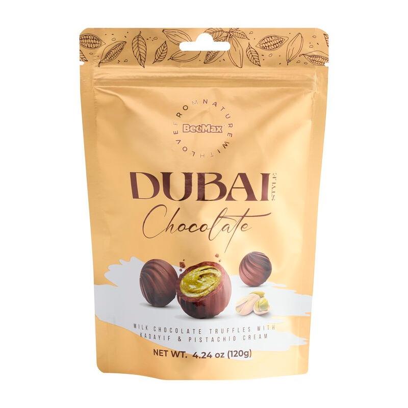 TRUFAS DE CHOCOLATE AO LEITE BEEMAX RECHEADAS C/CREME DE PISTACHE E KADAIFI CROCANTE 120G
