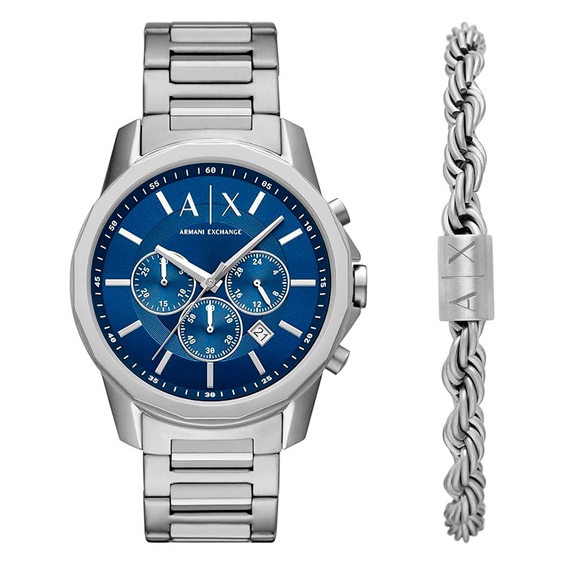 RELOGIO E PULSEIRA MASCULINA ARMANI EXCHANGE QUARTZO TAM 44MM AX7176 SET AZUL
