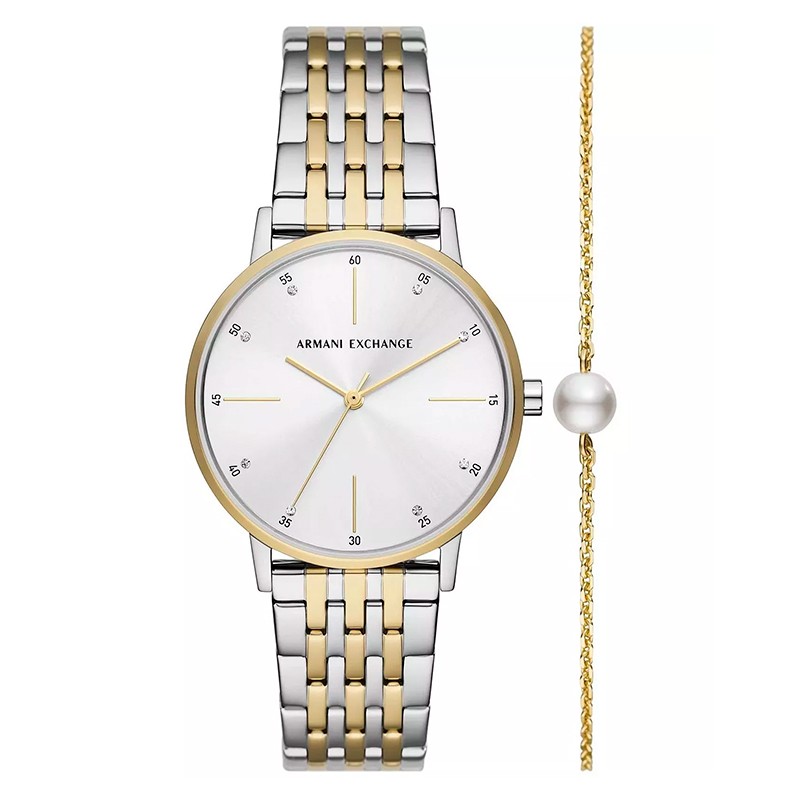 RELOGIO E PULSEIRA FEMININA ARMANI EXCHANGE QUARTZO TAM 36MM AX7156 SET PRATA
