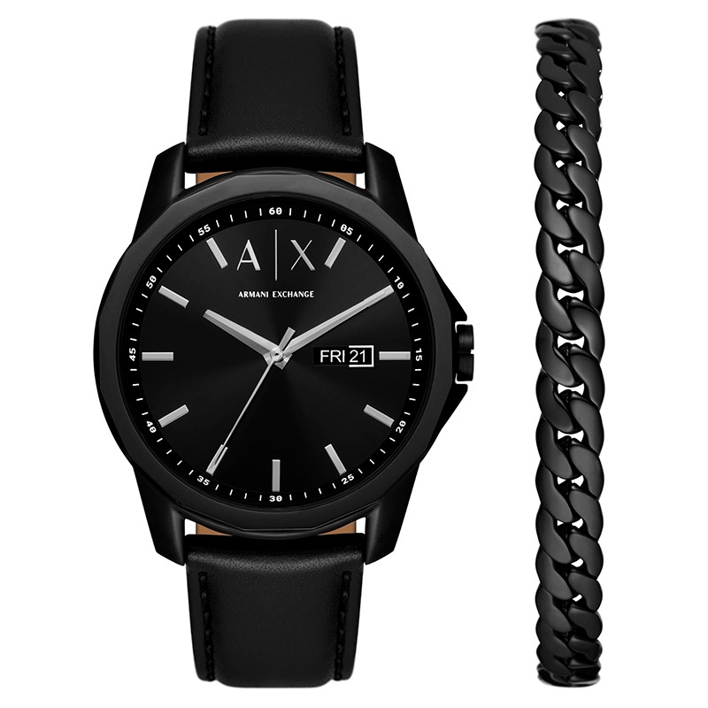 RELOGIO E PULSEIRA MASCULINA ARMANI EXCHANGE QUARTZO TAM 44MM COURO AX7147 SET PRETO