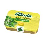 Estojo com Drops Gotas de Ervas Suicas Lemon Mint Livre de Azucar Swiss Herb Drops Sugar Free 75g Marca Ricola