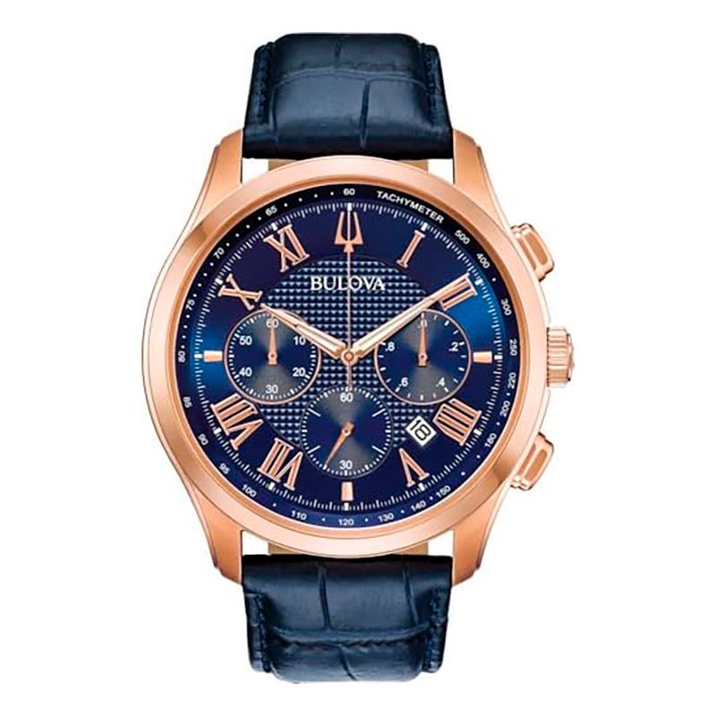 RELOGIO DE PULSO MASCULINO BULOVA PULSEIRA DE COURO 43MM 97B170 AZUL/DOURADO