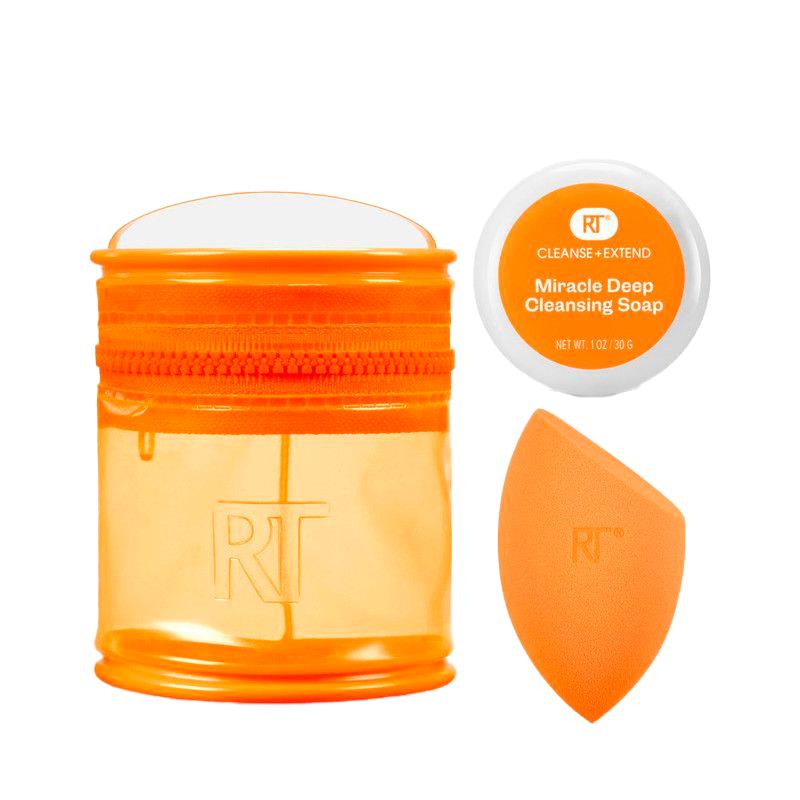 CONJUNTO PARA LIMPEZA FACIAL REAL TECHNIQUES ESPONJA, MINI BOLSA DE VIAGEM, SABONETE 3PCS