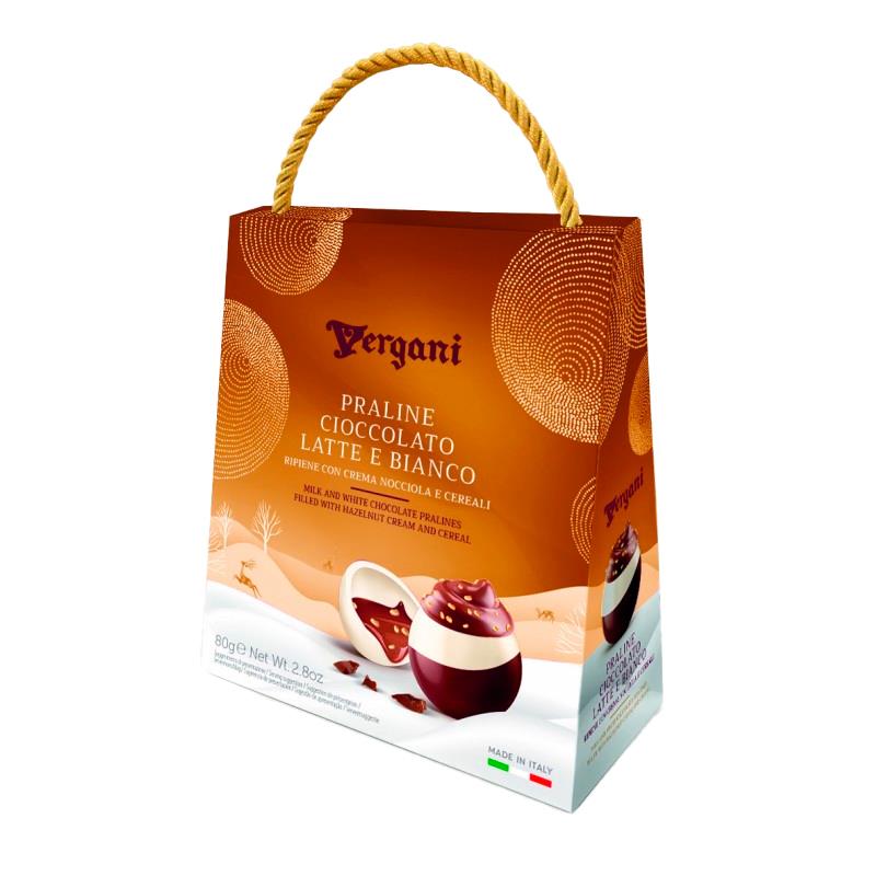 BOMBOM VERGANI CHOCOLATE BRANCO E NEGRO COM CREME DE AVELA 80G