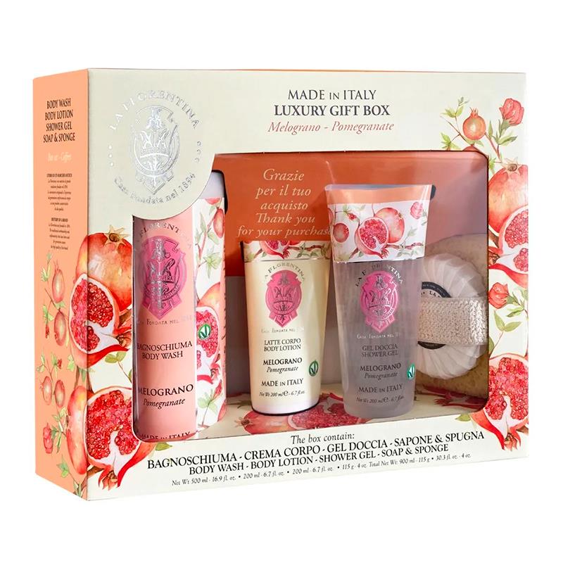 KIT LA FLORENTINA MELOGRANO POMEGRANATE GEL 500ML LOCAO 200ML GEL 200ML SABONETE 115G E ESPONJA